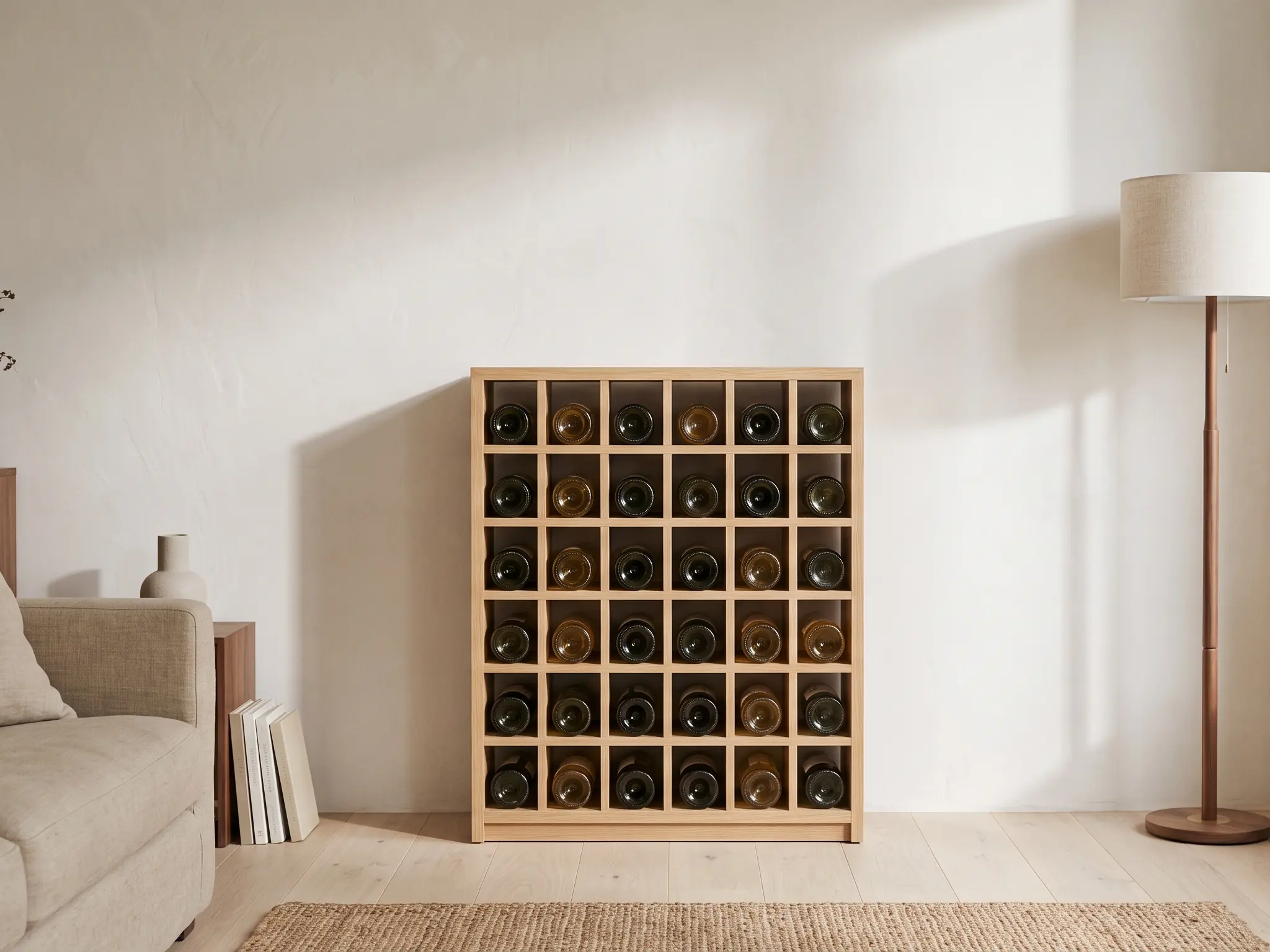 A freestanding light oak cubby rack holding thirty-six bottles on their sides in a daylit living room, a linen sofa to one side