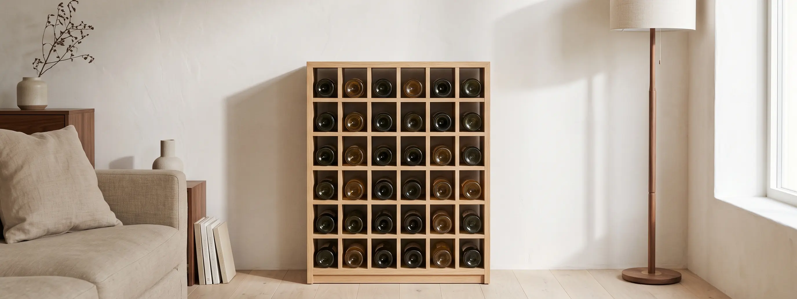 A light oak floor wine rack of thirty-six square cubbies, every bottle lying on its side, standing against a plaster wall between a linen sofa and a floor lamp