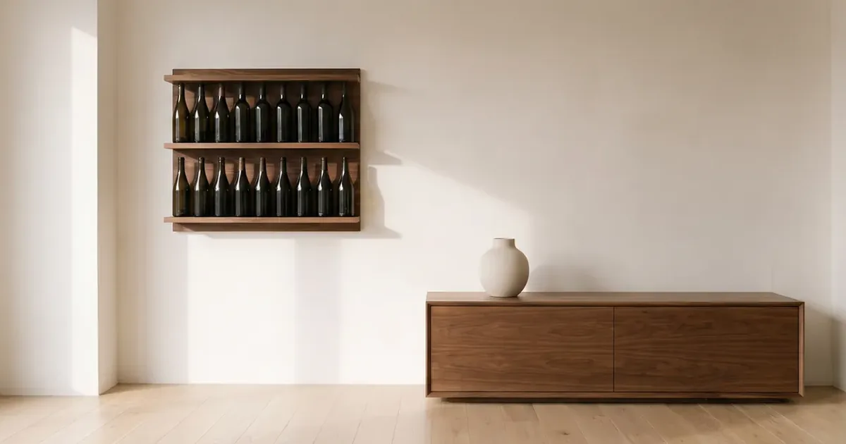 Wall mounted wine rack above a walnut sideboard, keeping bottles off the floor in a small warm living room