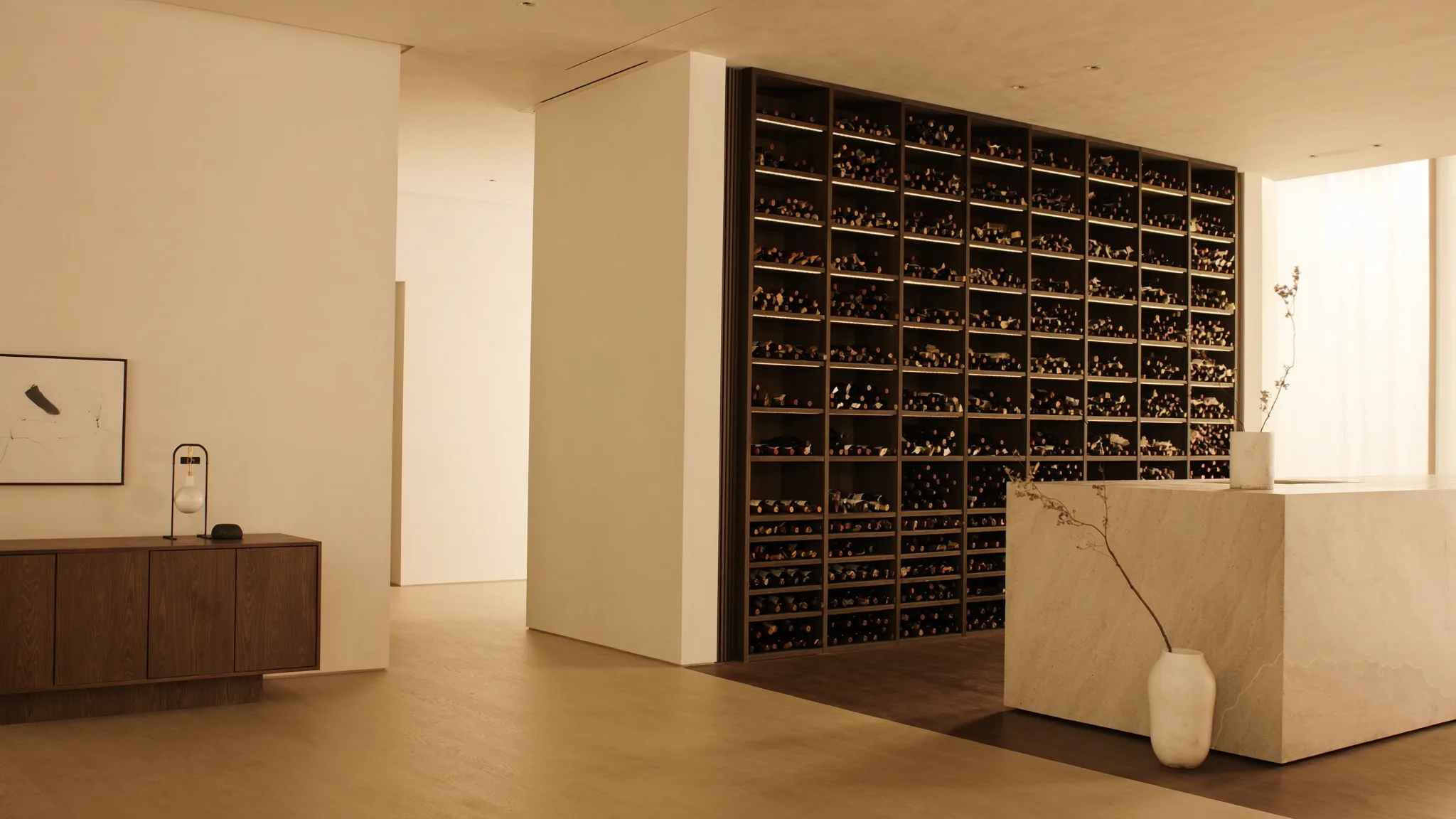 A floor-to-ceiling backlit wine wall in a warm minimalist open-plan kitchen, stocked with bottles stored horizontally