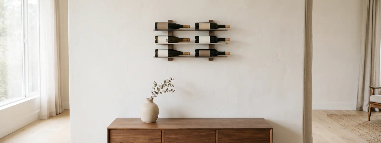 Wall mounted wine rack holding six bottles horizontally on a warm white plaster wall, above a walnut sideboard in a daylit room